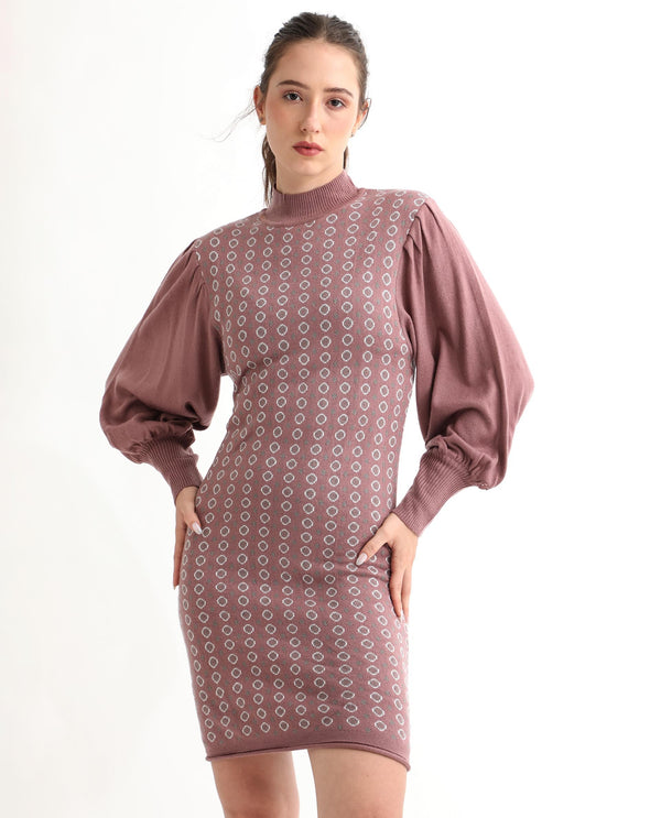 Rareism Women Web Pink Acrylic Fabric Full Sleeves Knee Length Regular Fit Geometric Print High Neck Sweater