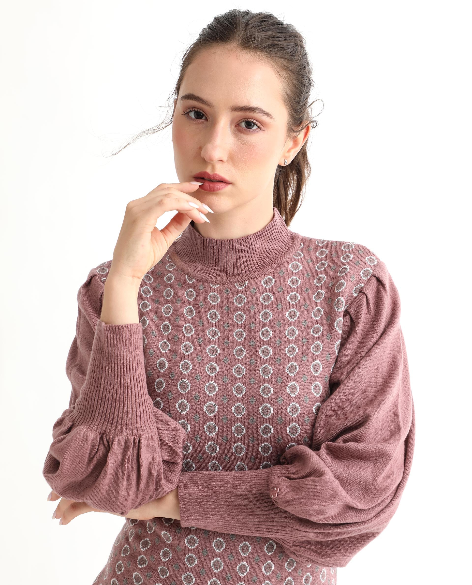 Rareism Women Web Pink Acrylic Fabric Full Sleeves Knee Length Regular Fit Geometric Print High Neck Sweater