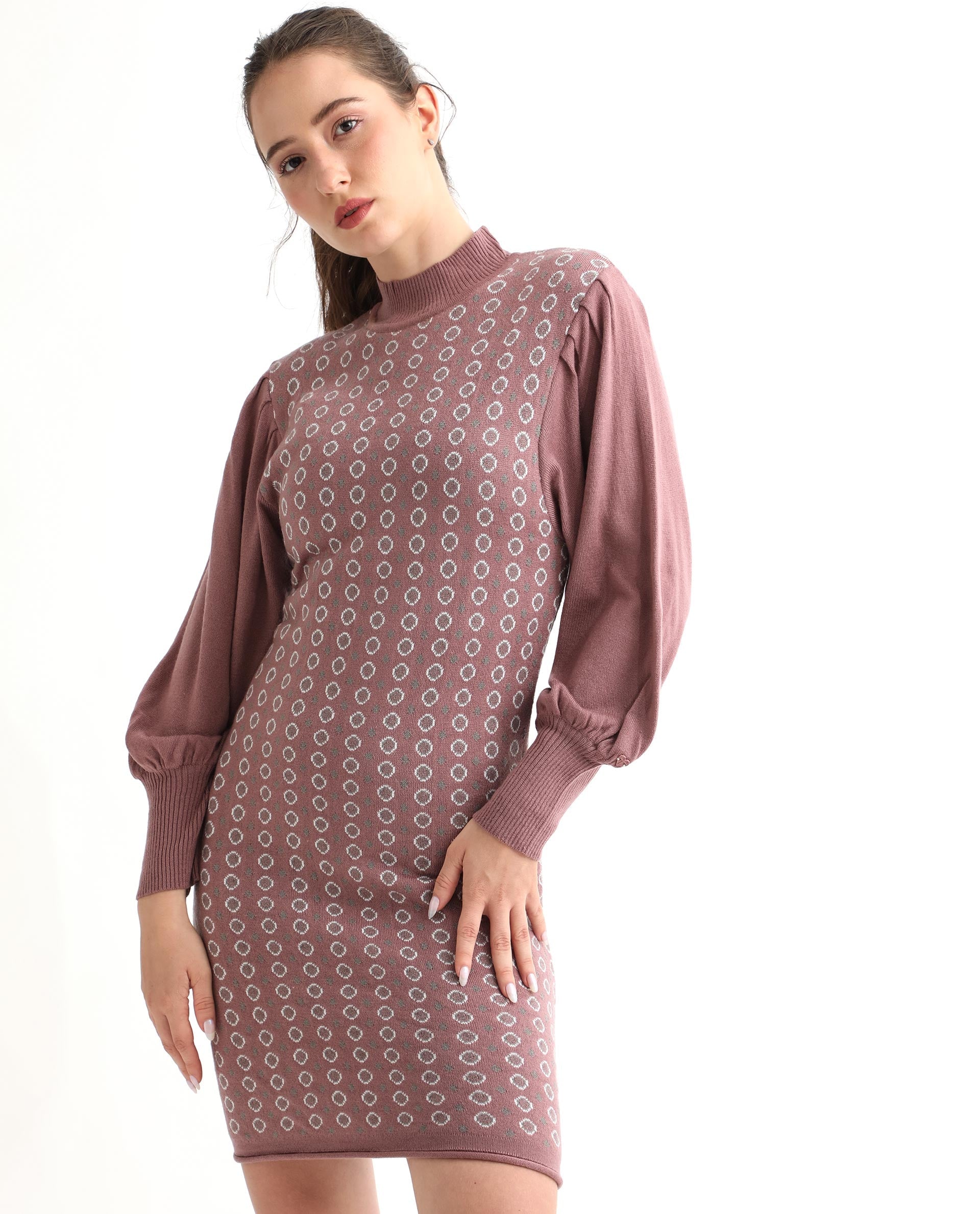 Rareism Women Web Pink Acrylic Fabric Full Sleeves Knee Length Regular Fit Geometric Print High Neck Sweater