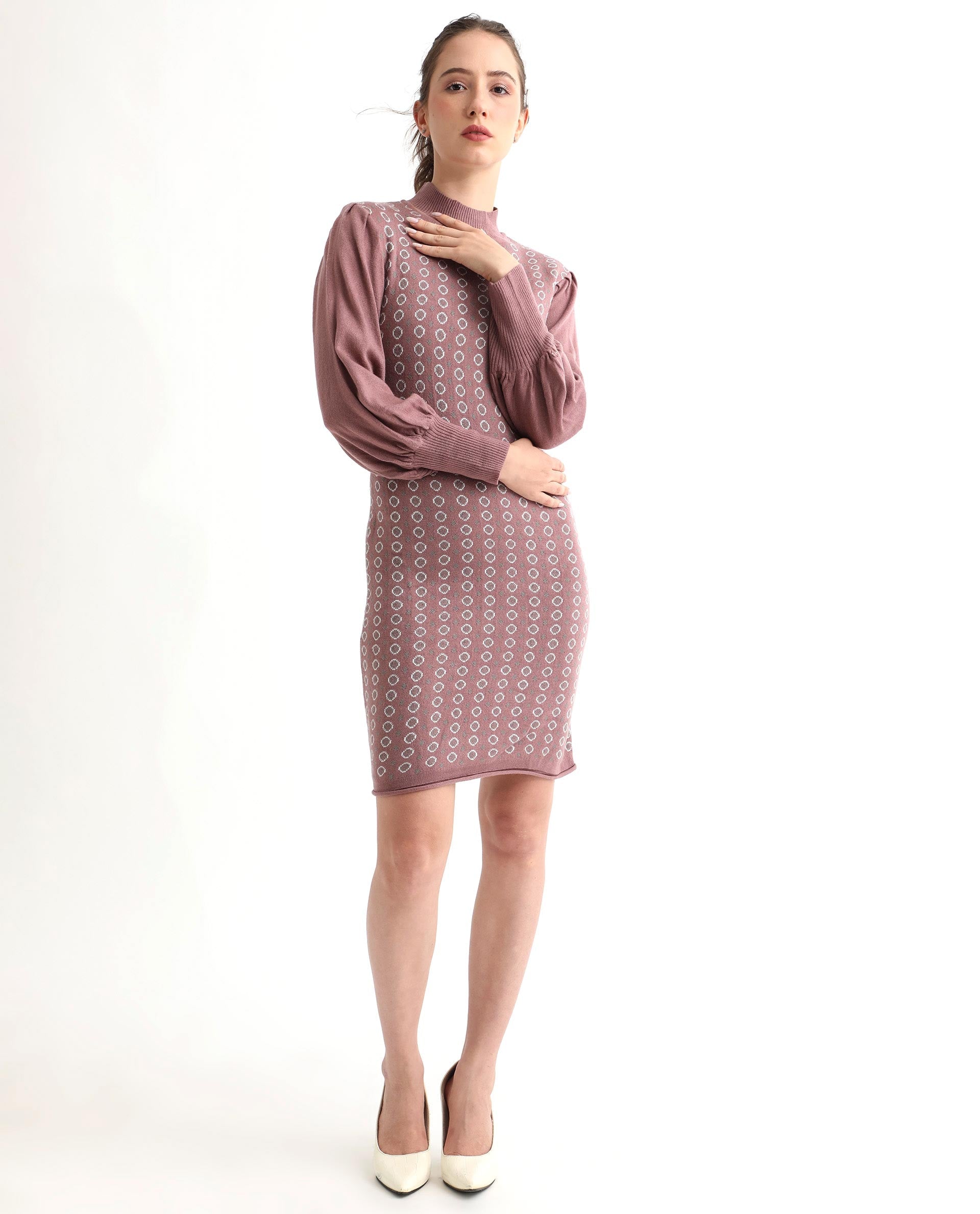 Rareism Women Web Pink Acrylic Fabric Full Sleeves Knee Length Regular Fit Geometric Print High Neck Sweater