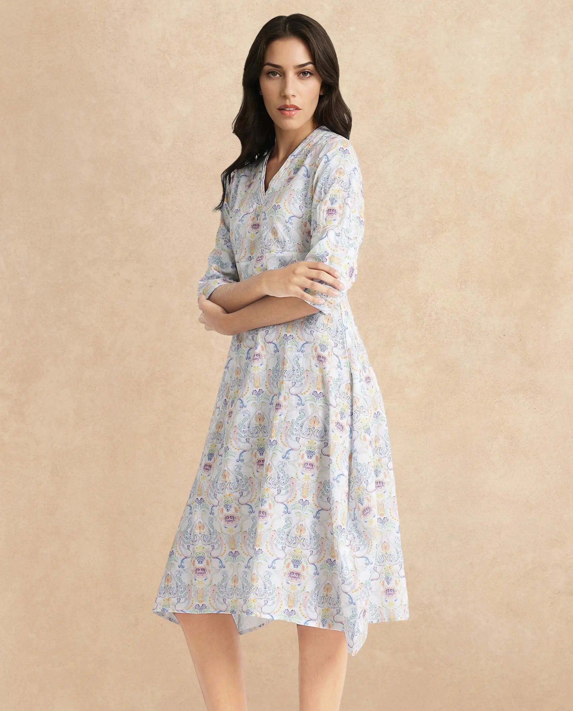 Rareism Women Wherry Multi Short Sleeve V-Neck A-Line Midi Abstract Print Dress