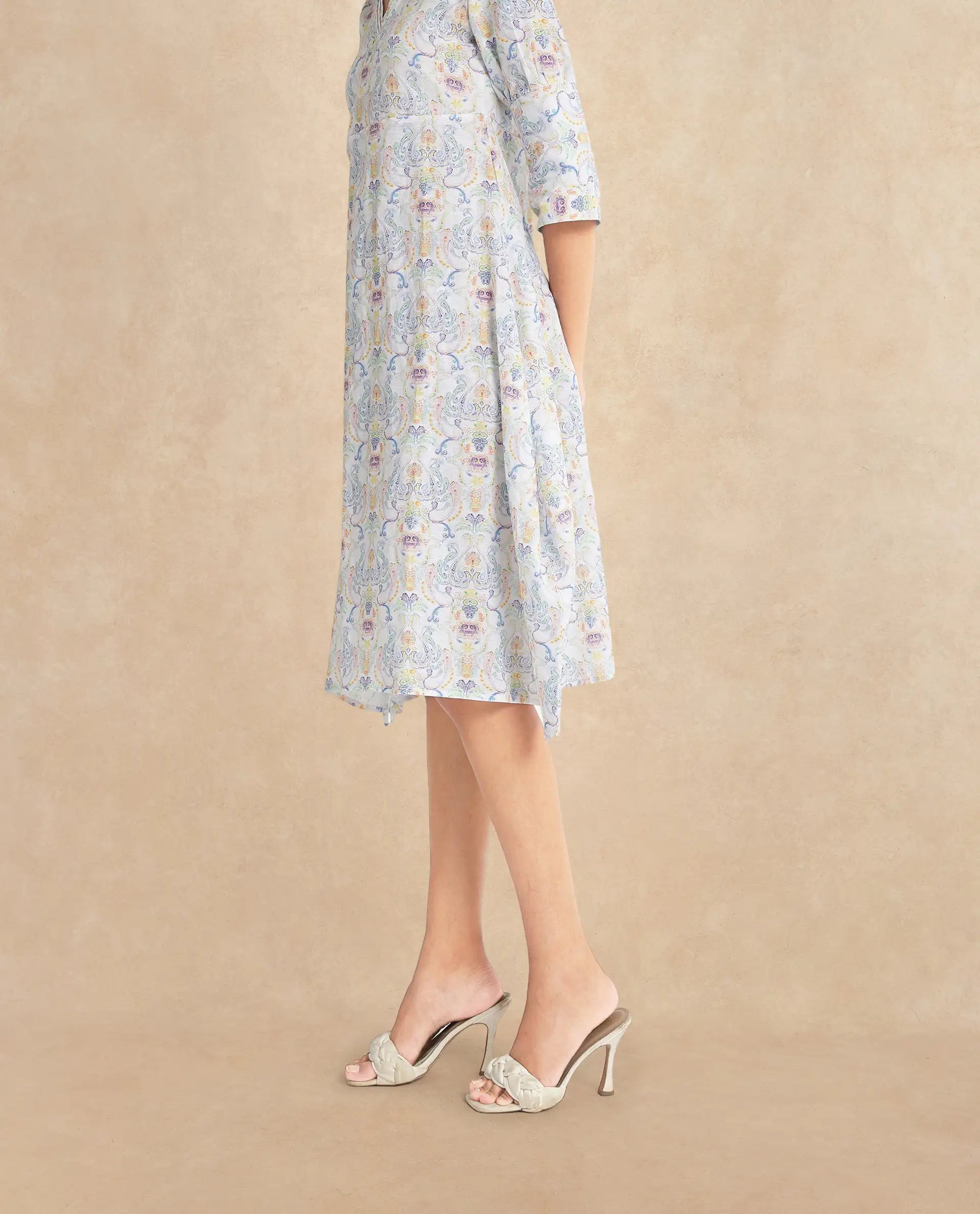 Rareism Women Wherry Multi Short Sleeve V-Neck A-Line Midi Abstract Print Dress