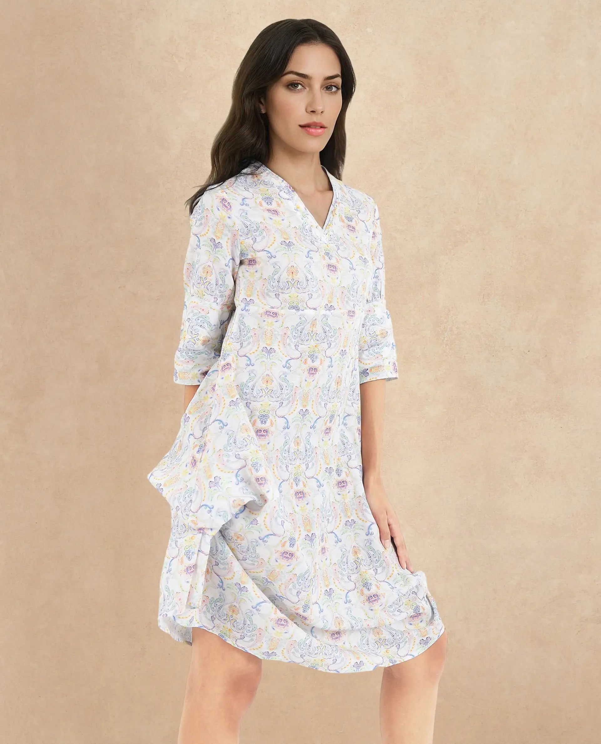 Rareism Women Wherry Multi Short Sleeve V-Neck A-Line Midi Abstract Print Dress