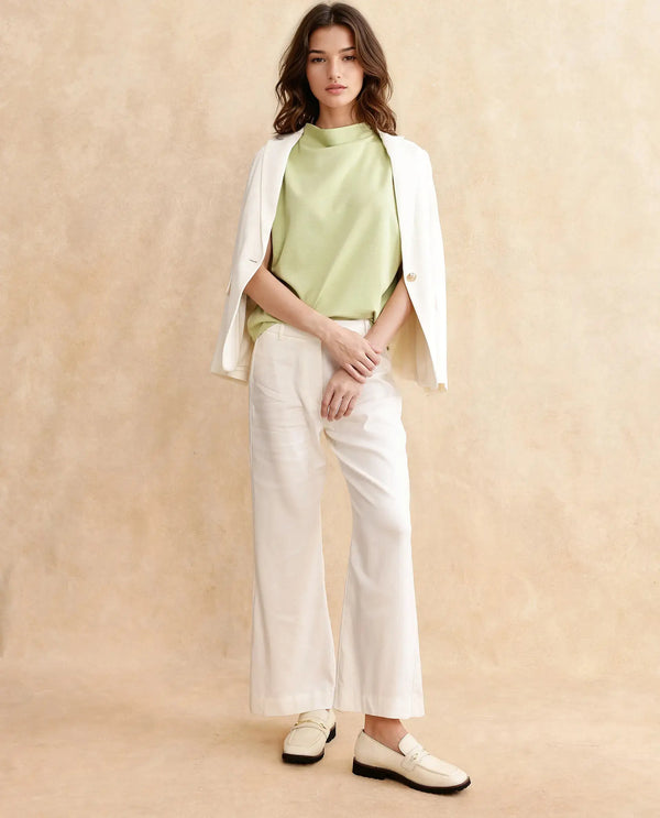 Rareism Women Worknet Dusky Green Cotton Viscose Fabric Extended Sleeves High Neck Relaxed Fit Plain Top