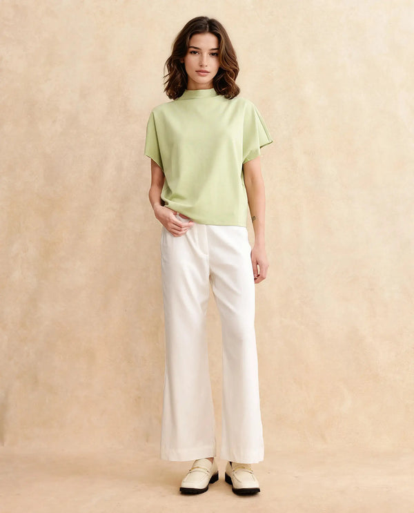 Rareism Women Worknet Dusky Green Cotton Viscose Fabric Extended Sleeves High Neck Relaxed Fit Plain Top