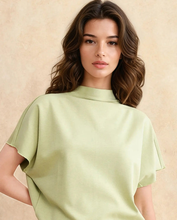 Rareism Women Worknet Dusky Green Cotton Viscose Fabric Extended Sleeves High Neck Relaxed Fit Plain Top