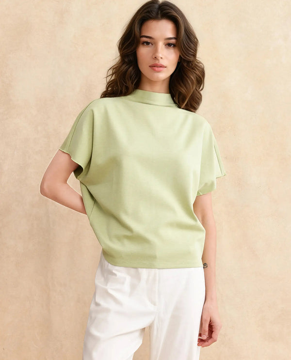 Rareism Women Worknet Dusky Green Cotton Viscose Fabric Extended Sleeves High Neck Relaxed Fit Plain Top