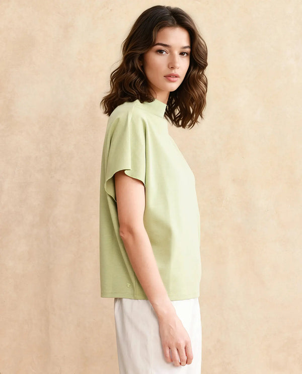 Rareism Women Worknet Dusky Green Cotton Viscose Fabric Extended Sleeves High Neck Relaxed Fit Plain Top