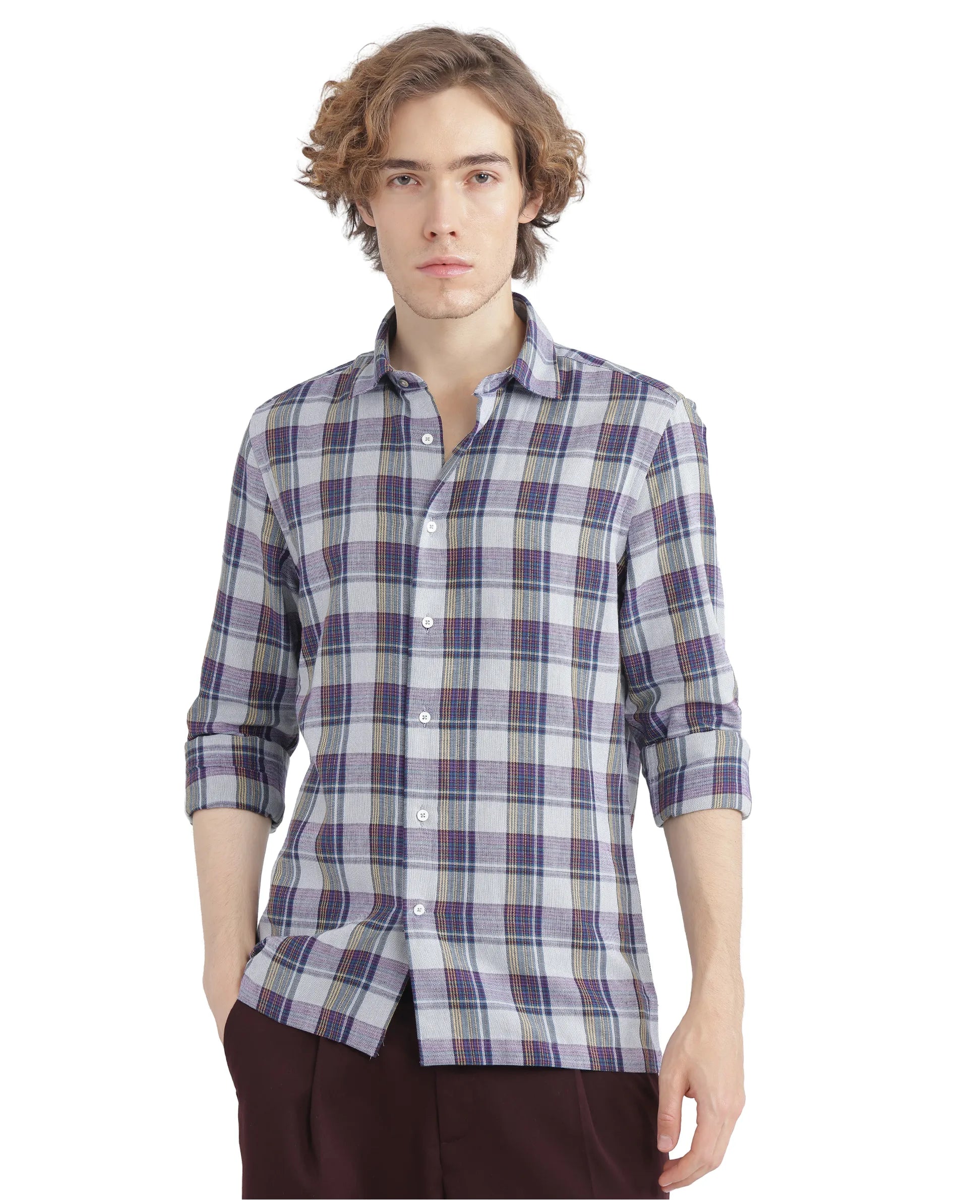 Rare Rabbit Men's Yanda Grey Cotton Fabric Full Sleeve Regular Fit Graphic Back Print Checks Shirt