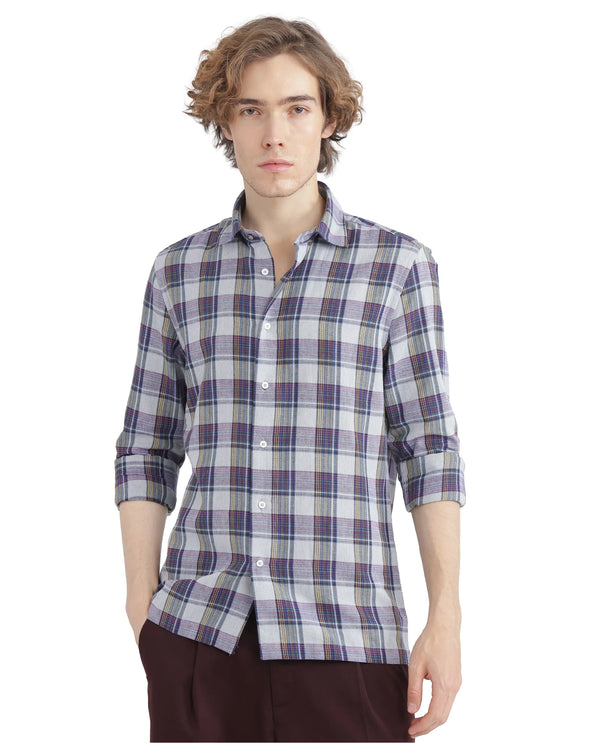 Rare Rabbit Men's Yanda Grey Cotton Fabric Full Sleeve Regular Fit Graphic Back Print Checks Shirt