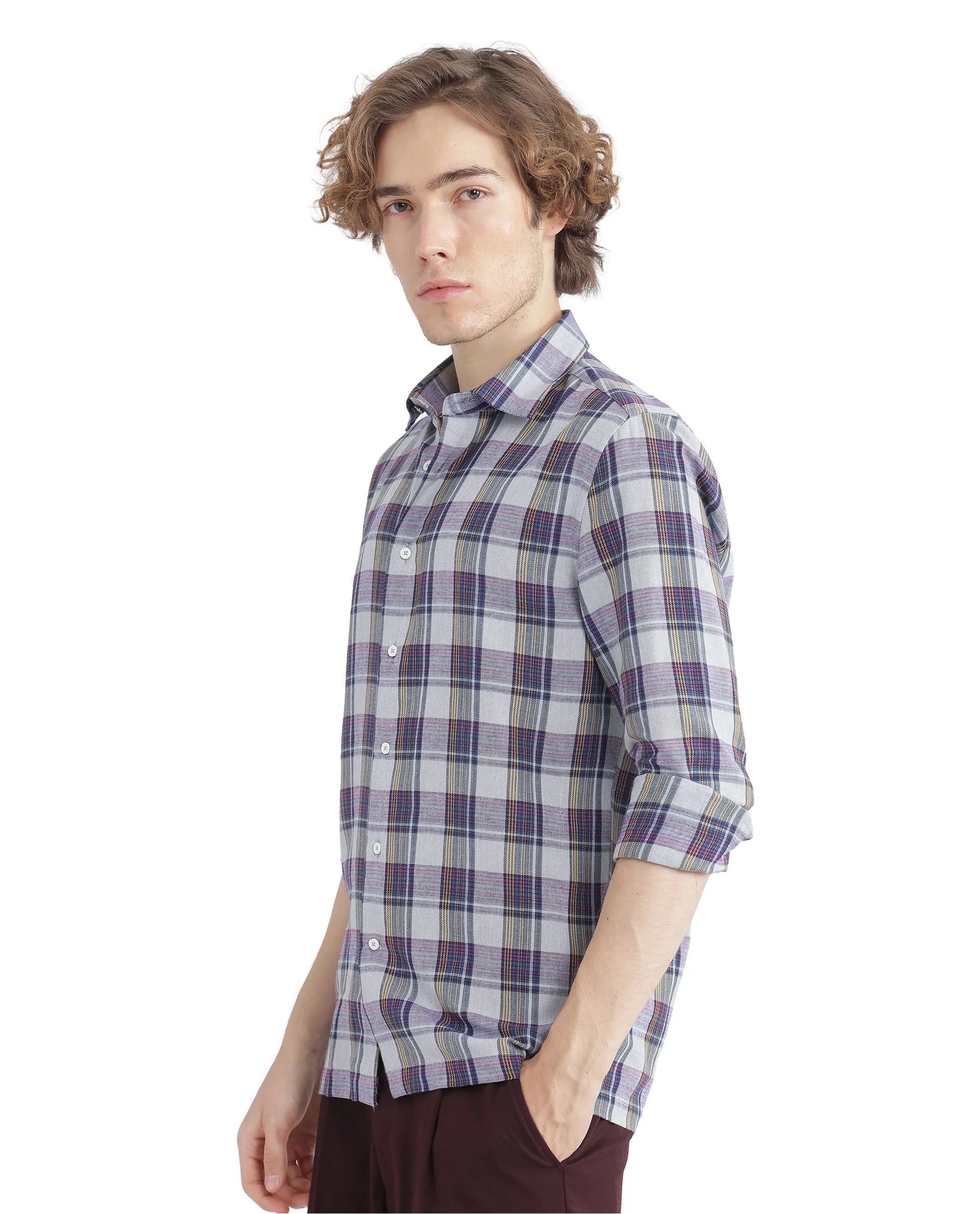 Rare Rabbit Men's Yanda Grey Cotton Fabric Full Sleeve Regular Fit Graphic Back Print Checks Shirt