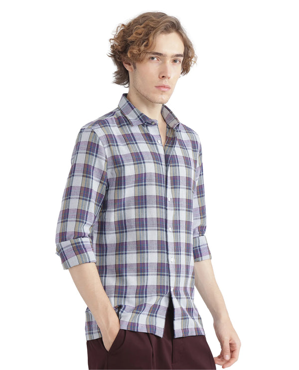 Rare Rabbit Men's Yanda Grey Cotton Fabric Full Sleeve Regular Fit Graphic Back Print Checks Shirt