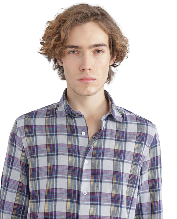 Rare Rabbit Men's Yanda Grey Cotton Fabric Full Sleeve Regular Fit Graphic Back Print Checks Shirt