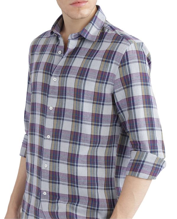 Rare Rabbit Men's Yanda Grey Cotton Fabric Full Sleeve Regular Fit Graphic Back Print Checks Shirt