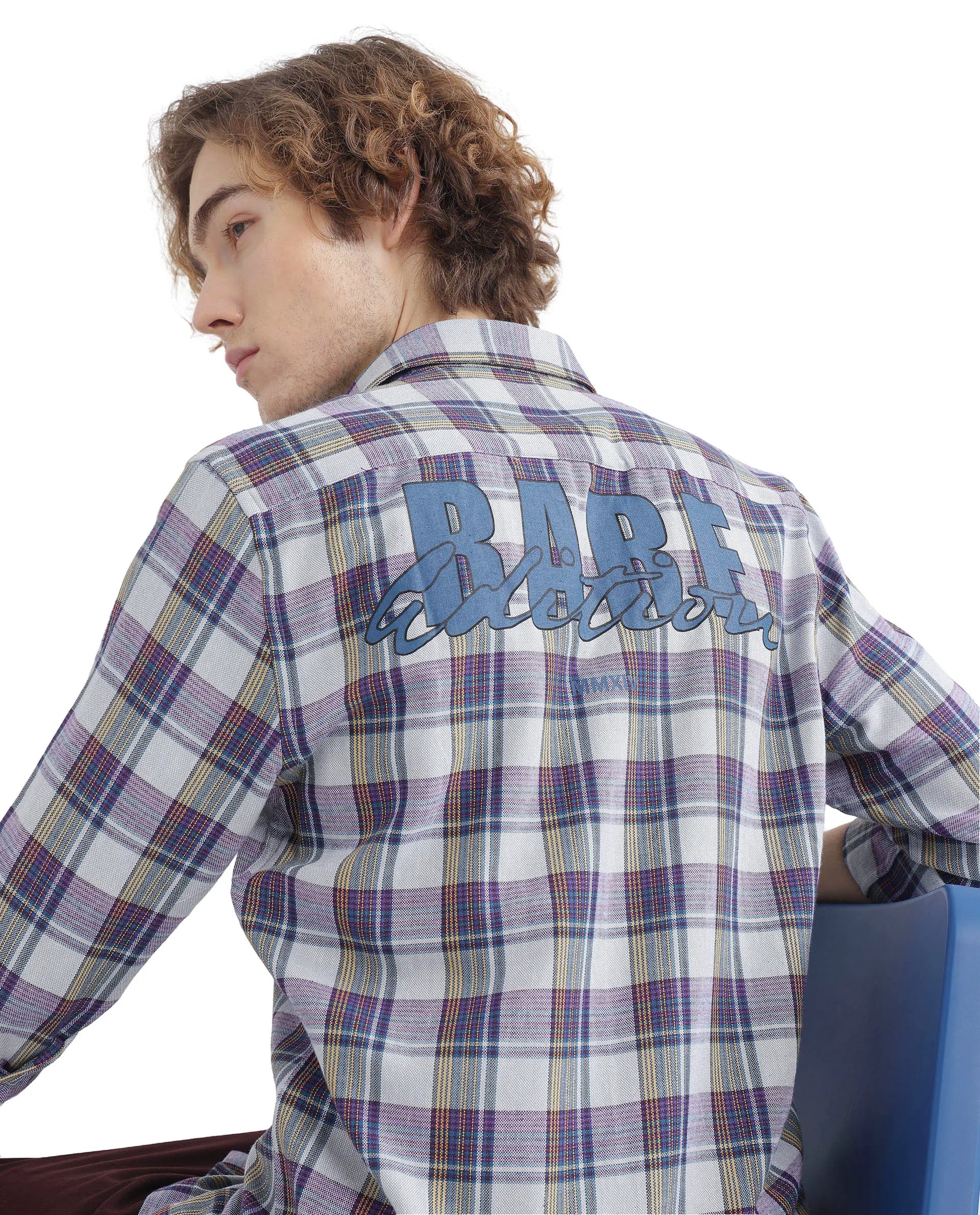 Rare Rabbit Men's Yanda Grey Cotton Fabric Full Sleeve Regular Fit Graphic Back Print Checks Shirt