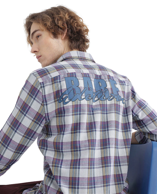 Rare Rabbit Men's Yanda Grey Cotton Fabric Full Sleeve Regular Fit Graphic Back Print Checks Shirt