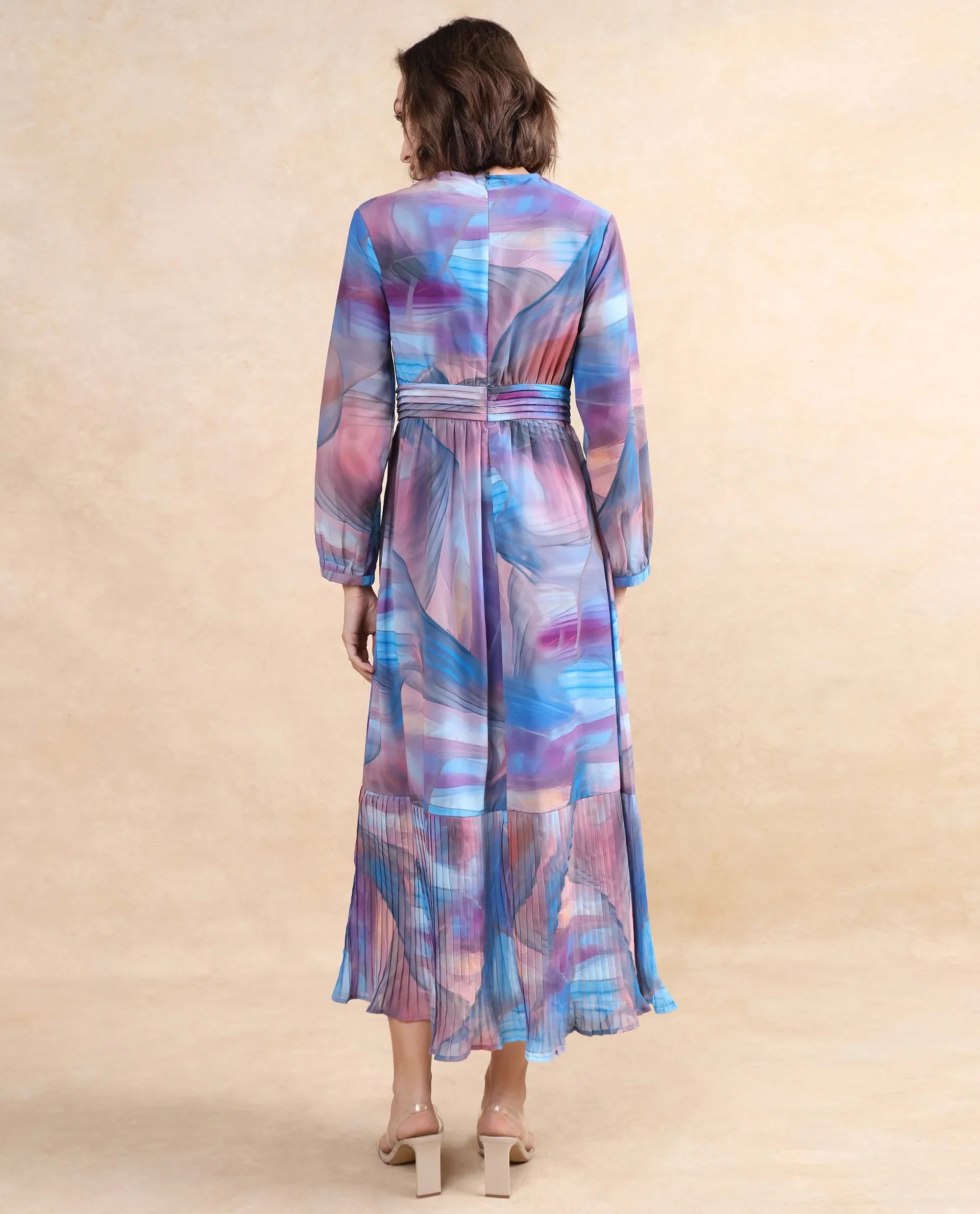 Rareism Women's Yason Multi  Crew Neck Zipper Closure Bishop Sleeve Abstract Fit And Flare Maxi Dress