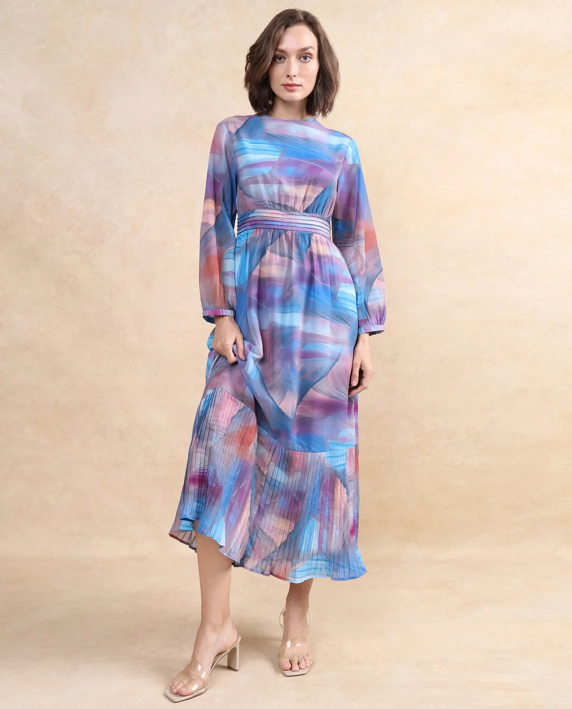 Rareism Women's Yason Multi  Crew Neck Zipper Closure Bishop Sleeve Abstract Fit And Flare Maxi Dress