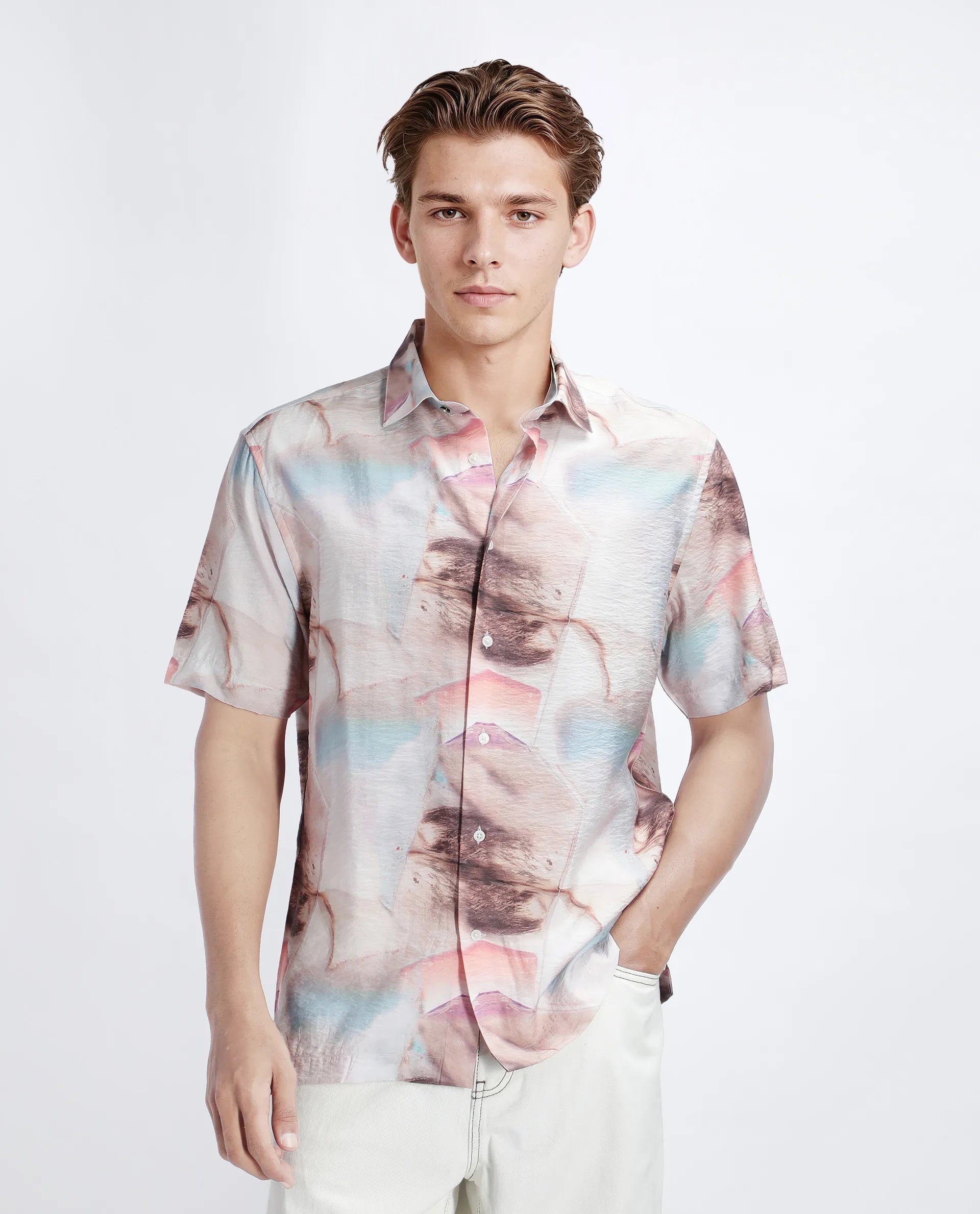 Rare Rabbit Men Yat Beige Cotton Fabric Half Sleeve Spread Collar Button Relaxed Fit Abstract Print Shirt