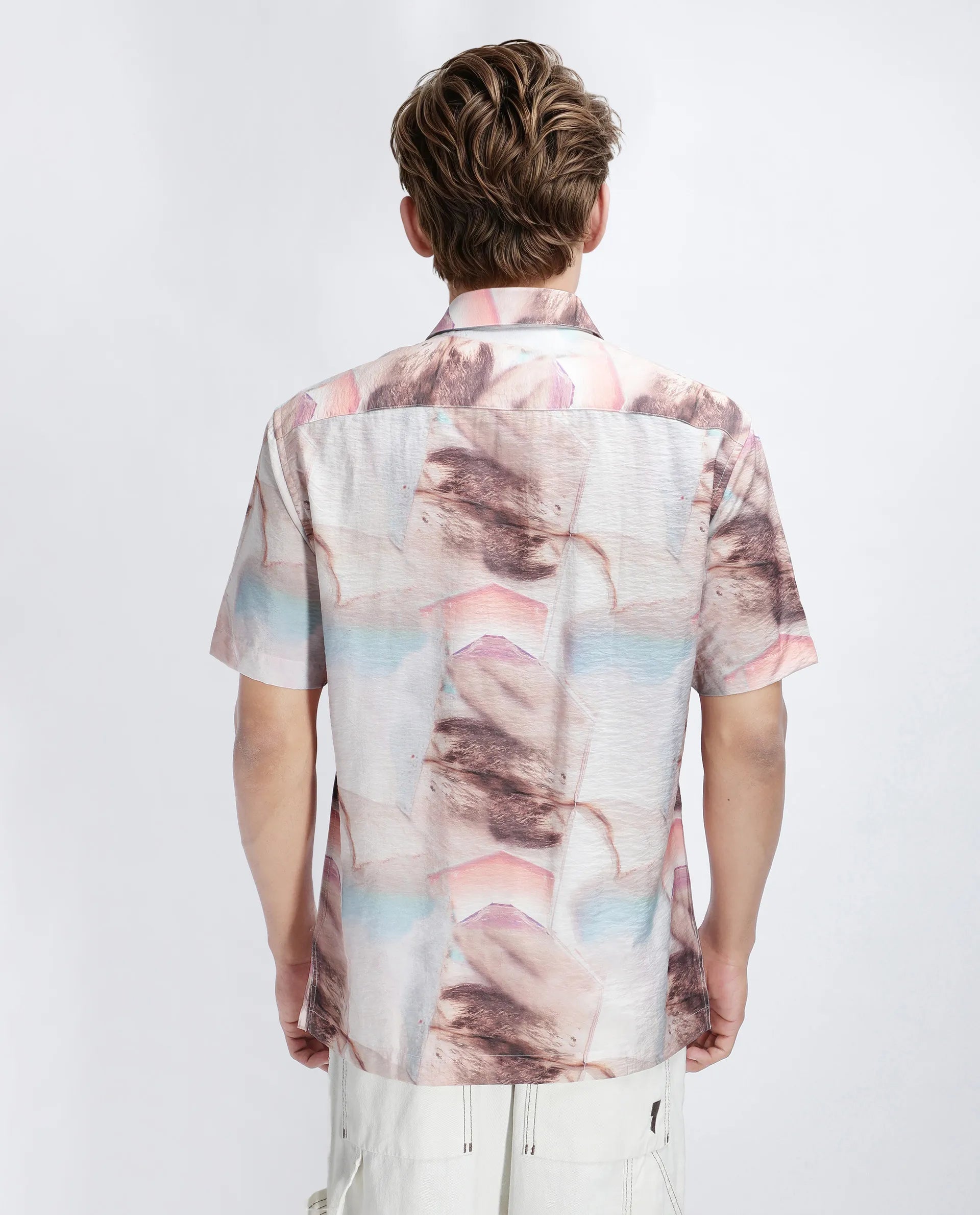 Rare Rabbit Men Yat Beige Cotton Fabric Half Sleeve Spread Collar Button Relaxed Fit Abstract Print Shirt