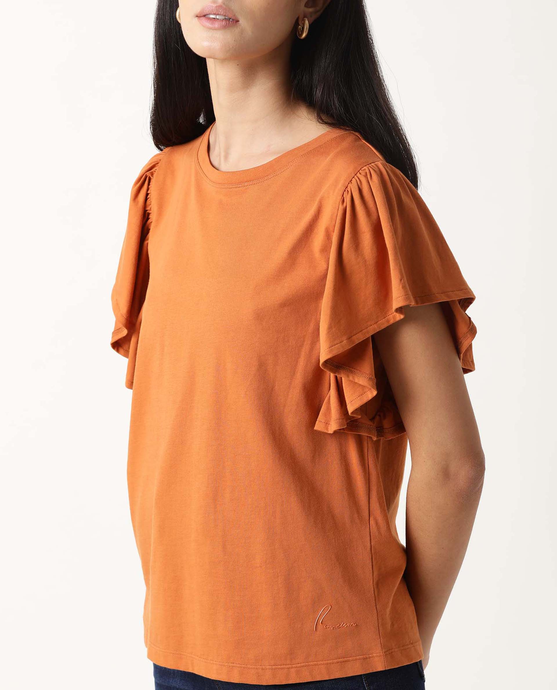 Rareism Womens Yatch Orange Top Cotton Fabric Regular Fit Ruffled Sleeves Crew Neck