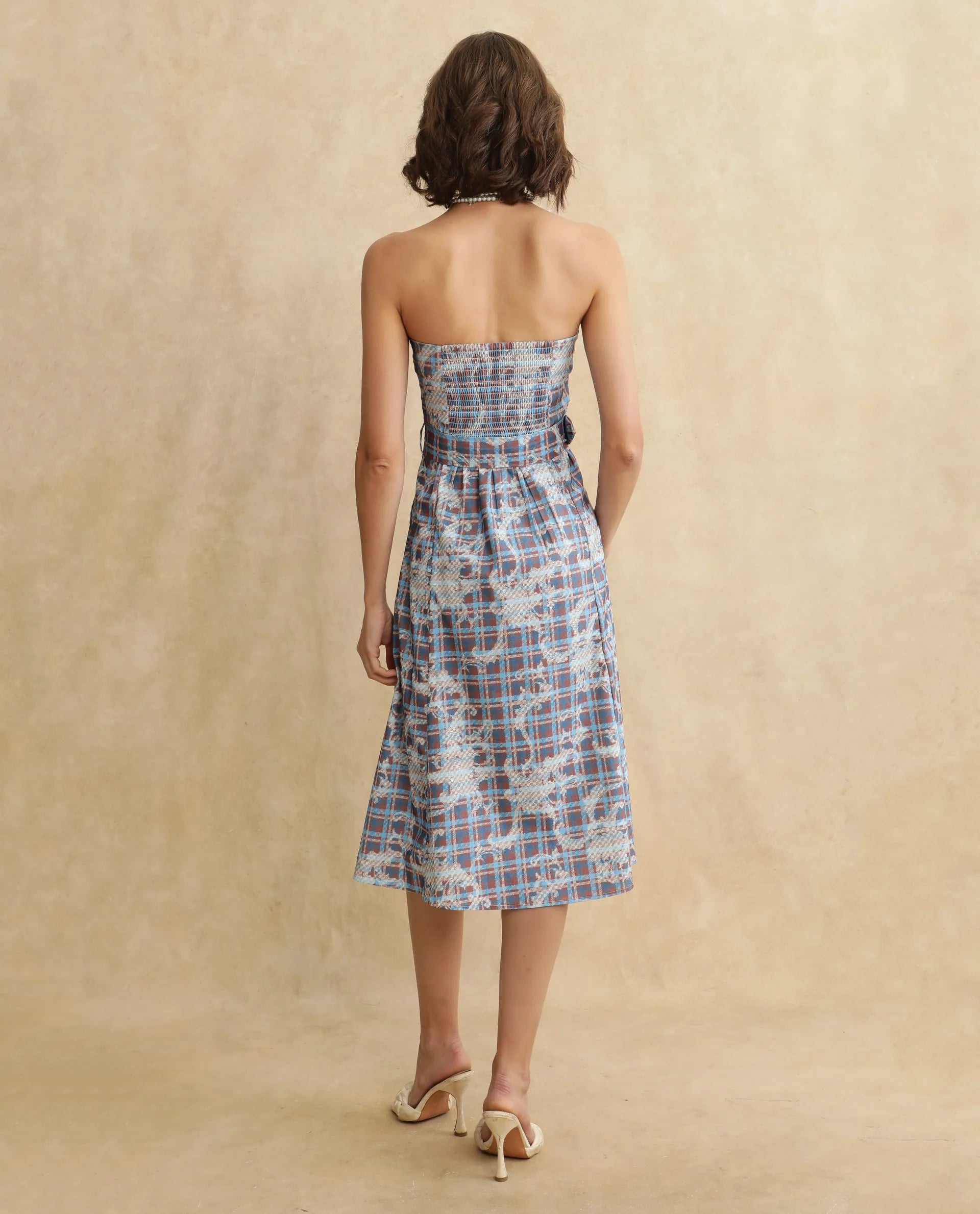 Rareism Women Yerd Blue Sleeveless Tube Neck Flared Midi Geometric Print Dress