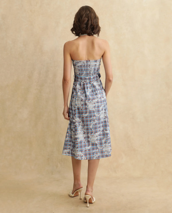 Rareism Women Yerd Blue Sleeveless Tube Neck Flared Midi Geometric Print Dress