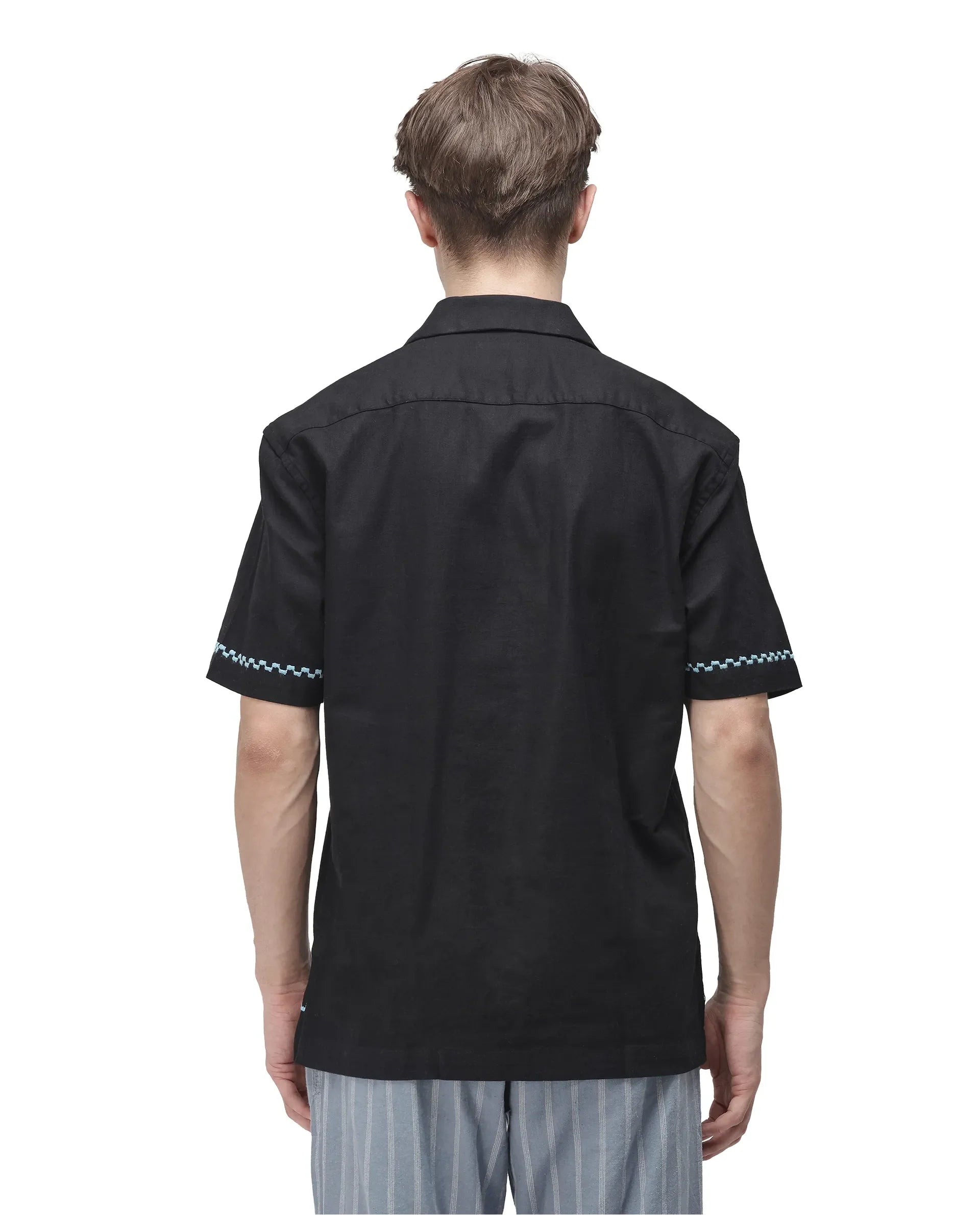 Rare Rabbit Men Yoko Black Cotton Fabric Cuban Collar Embroidered Shirt