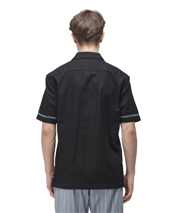 Rare Rabbit Men Yoko Black Cotton Fabric Cuban Collar Embroidered Shirt