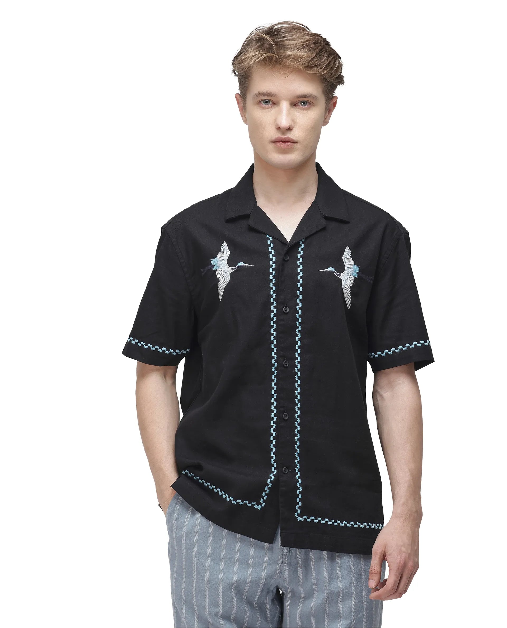 Rare Rabbit Men Yoko Black Cotton Fabric Cuban Collar Embroidered Shirt