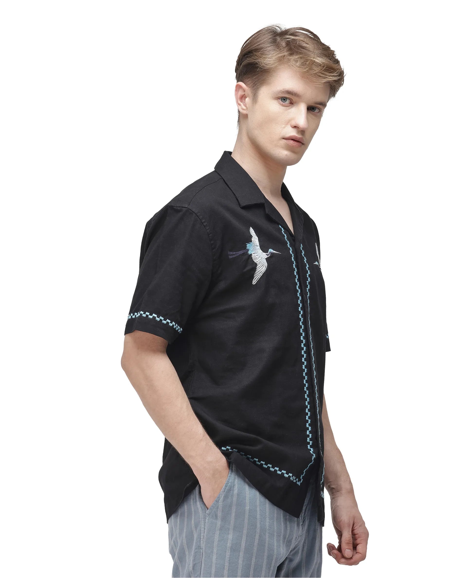 Rare Rabbit Men Yoko Black Cotton Fabric Cuban Collar Embroidered Shirt