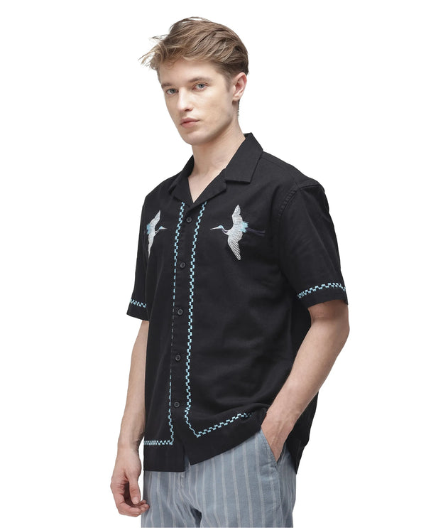 Rare Rabbit Men Yoko Black Cotton Fabric Cuban Collar Embroidered Shirt