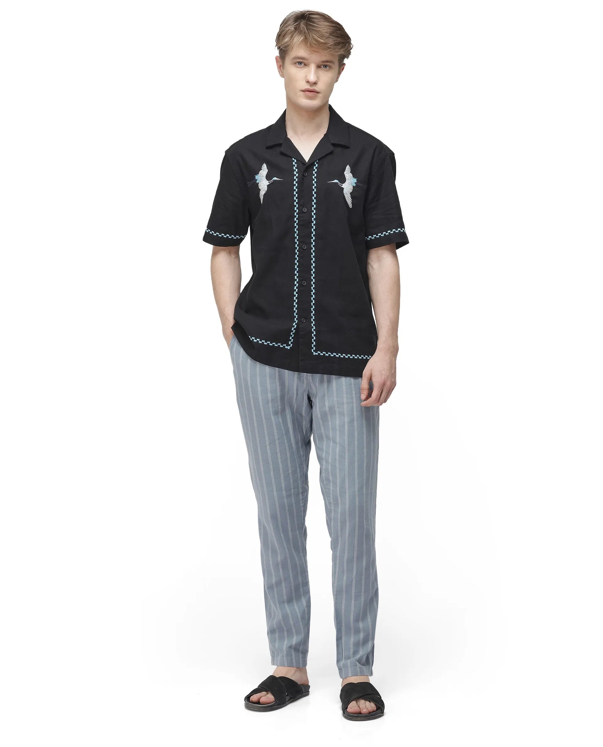 Rare Rabbit Men Yoko Black Cotton Fabric Cuban Collar Embroidered Shirt