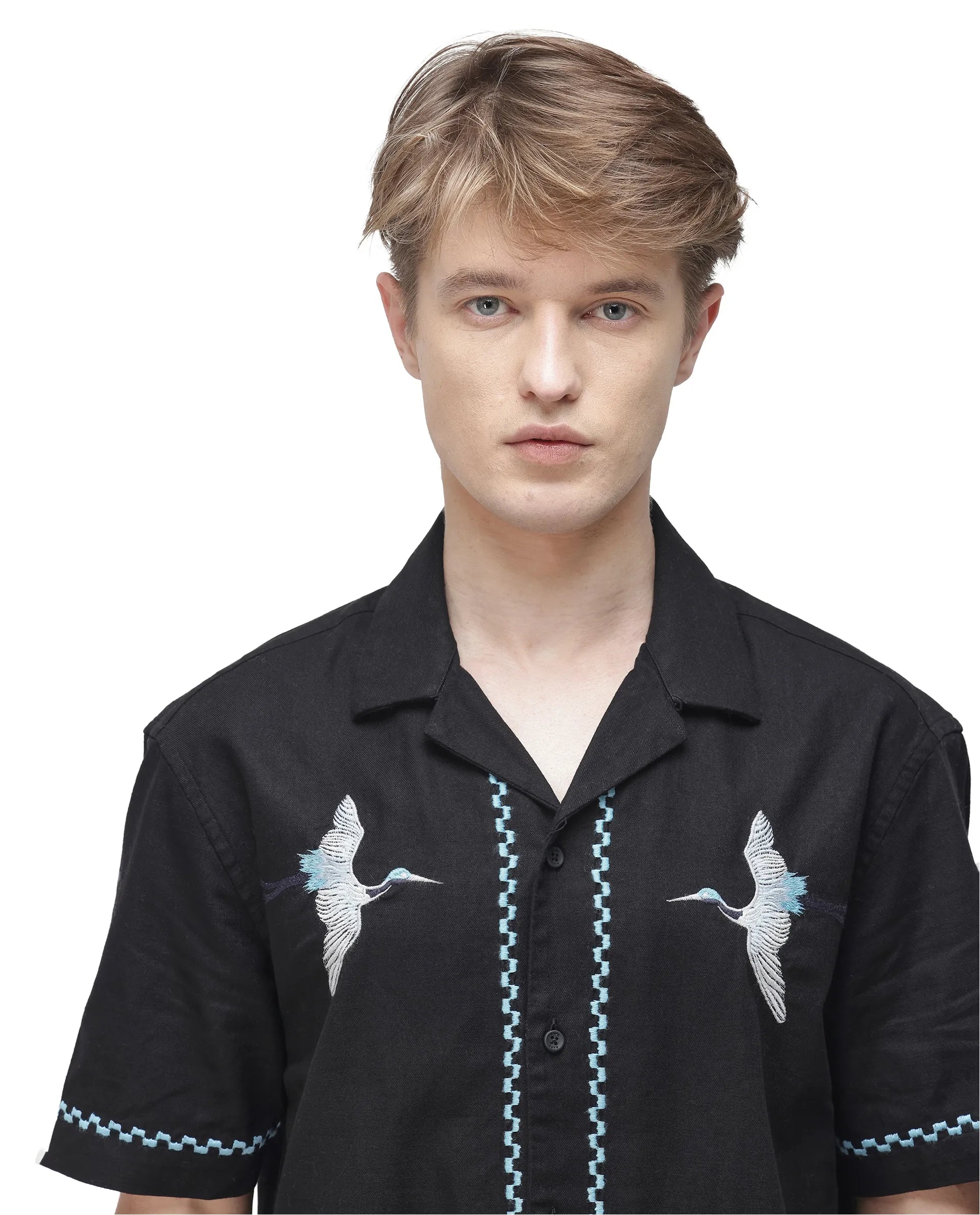 Rare Rabbit Men Yoko Black Cotton Fabric Cuban Collar Embroidered Shirt