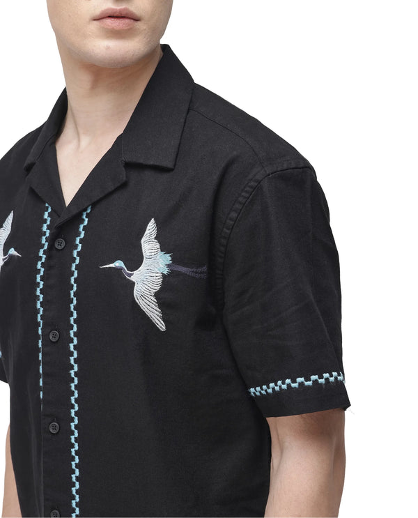 Rare Rabbit Men Yoko Black Cotton Fabric Cuban Collar Embroidered Shirt