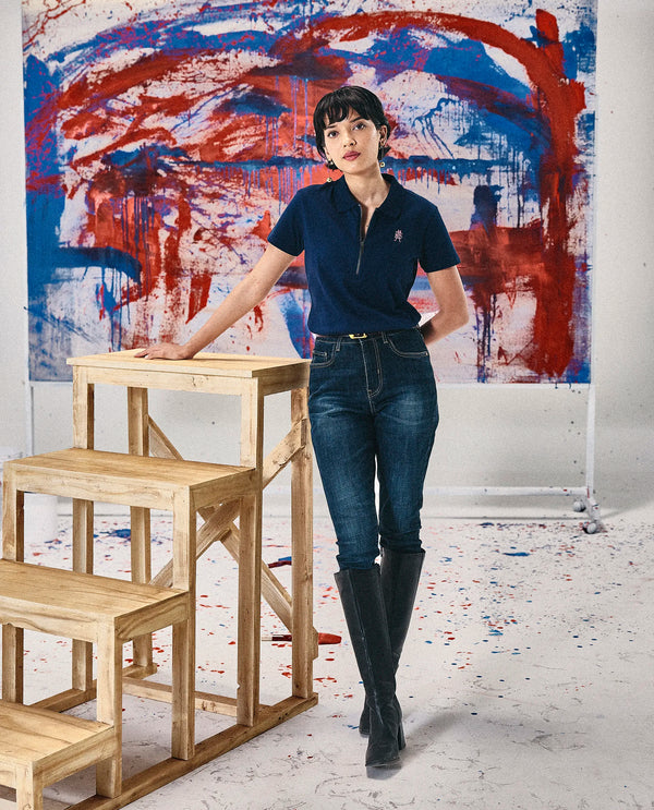 Rareism Women Zaisho Dark Blue Cotton Elastane Fabric Solid Regular Length Jeans