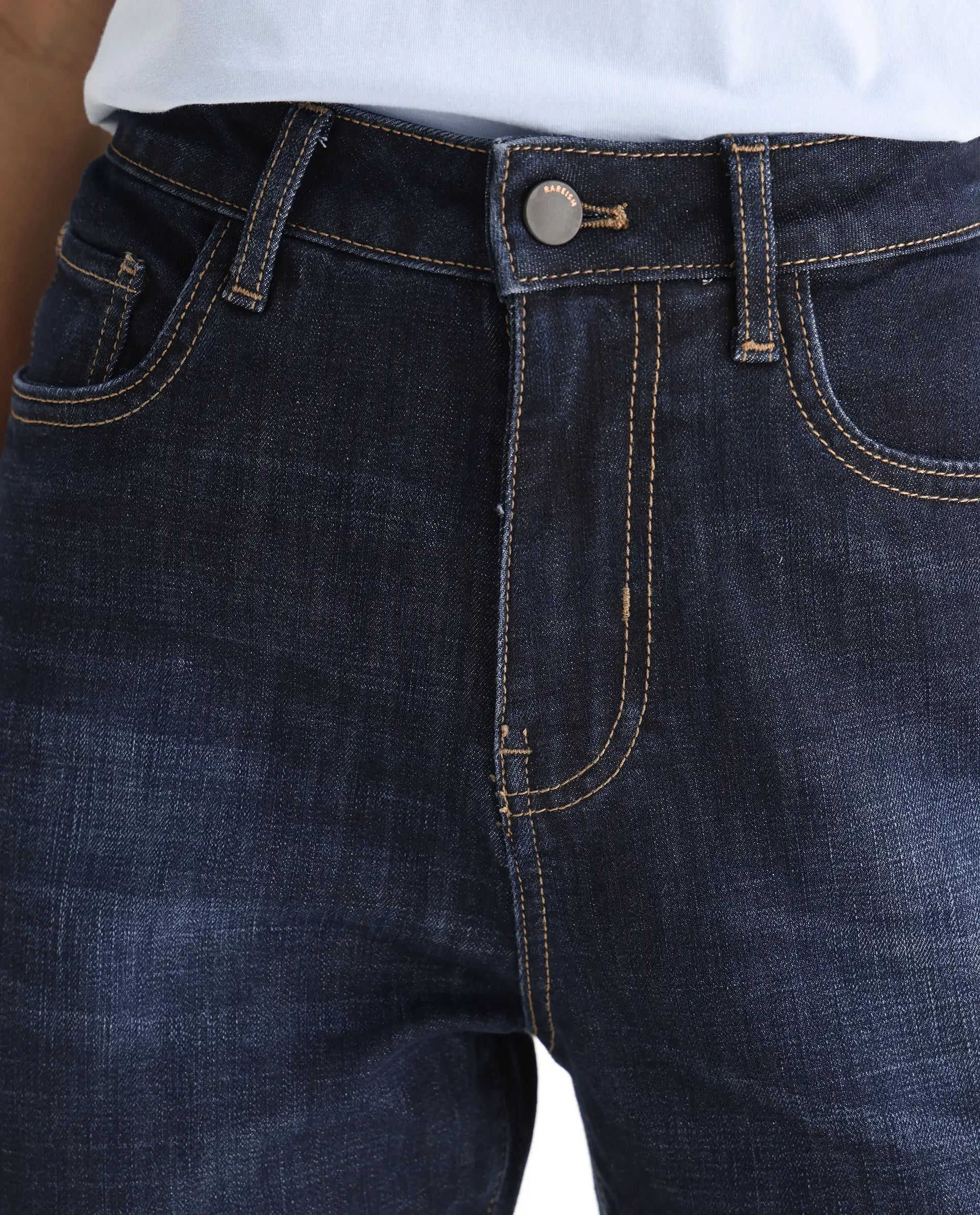 Rareism Women Zaisho Dark Blue Cotton Elastane Fabric Solid Regular Length Jeans