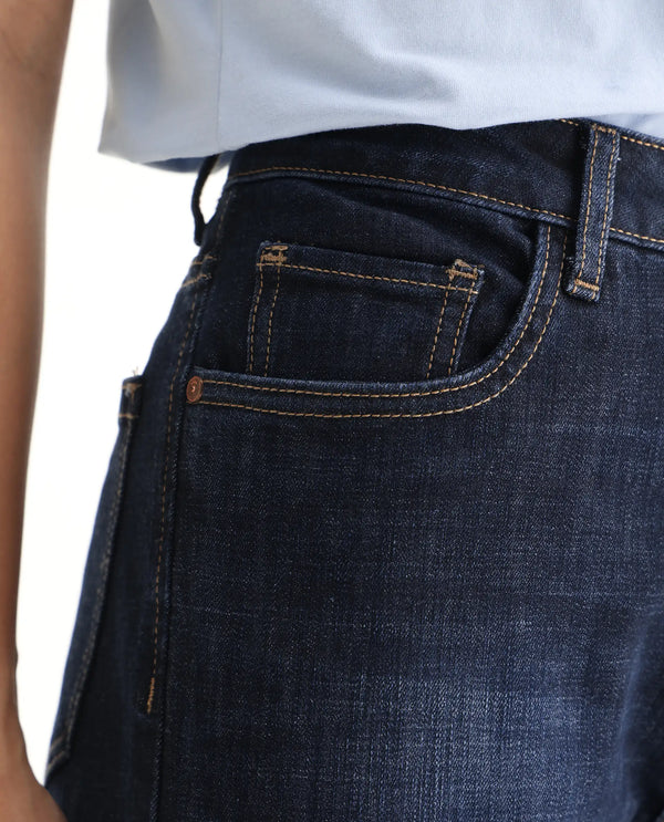 Rareism Women Zaisho Dark Blue Cotton Elastane Fabric Solid Regular Length Jeans