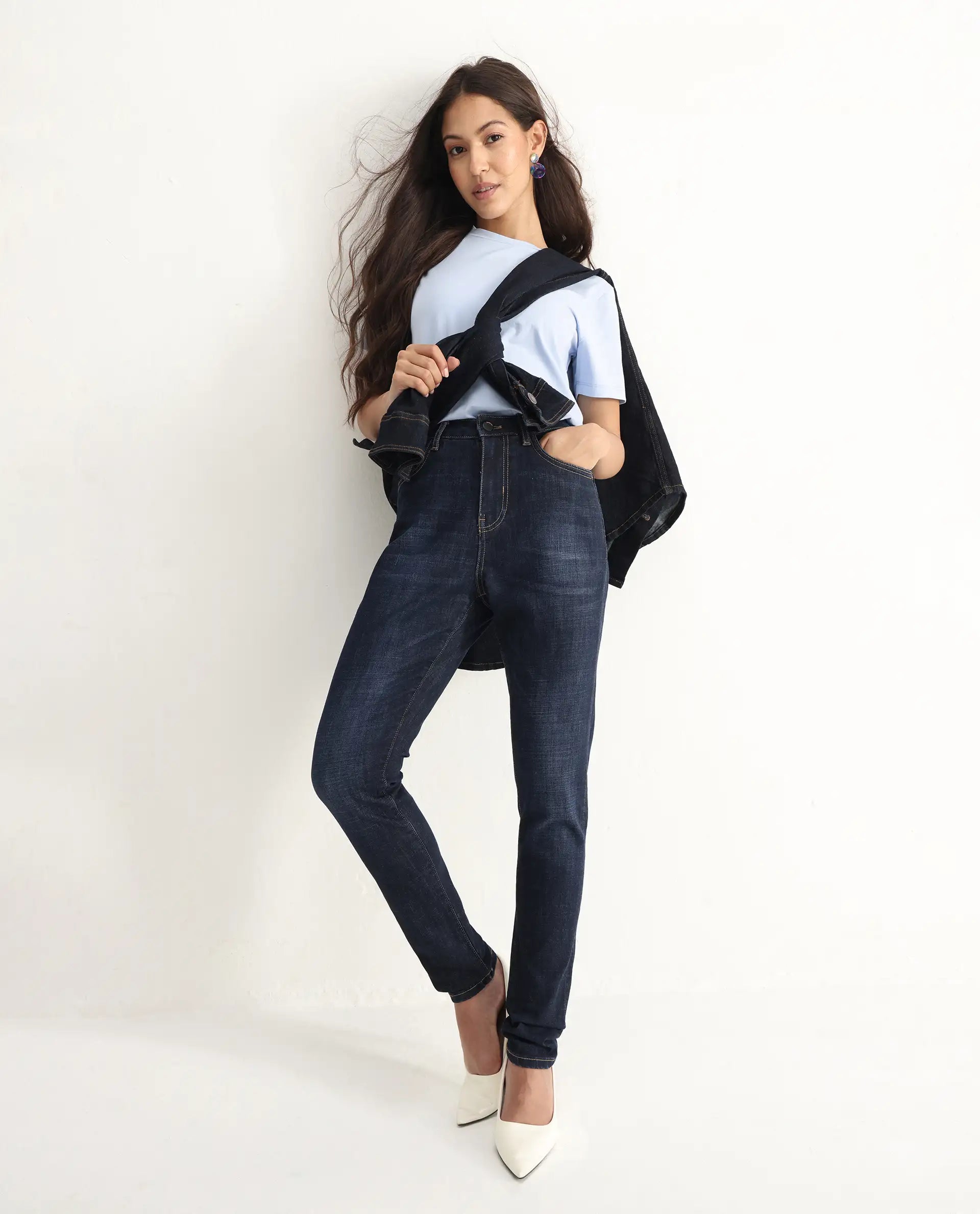 Rareism Women Zaisho Dark Blue Cotton Elastane Fabric Solid Regular Length Jeans