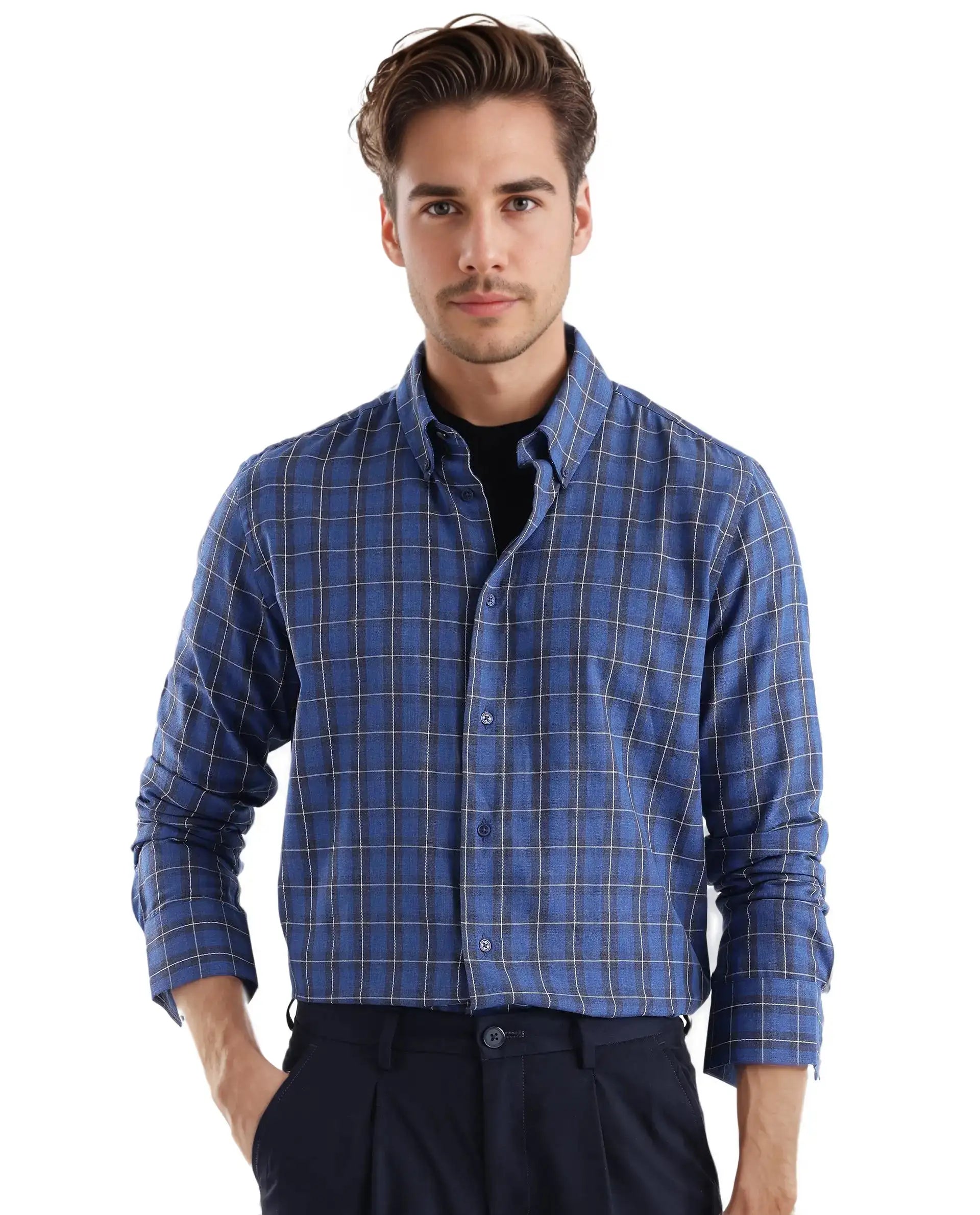 Rare Rabbit Men's Zary Dark Blue Cotton Fabric Full Sleeve Regular Fit Checks Shirt