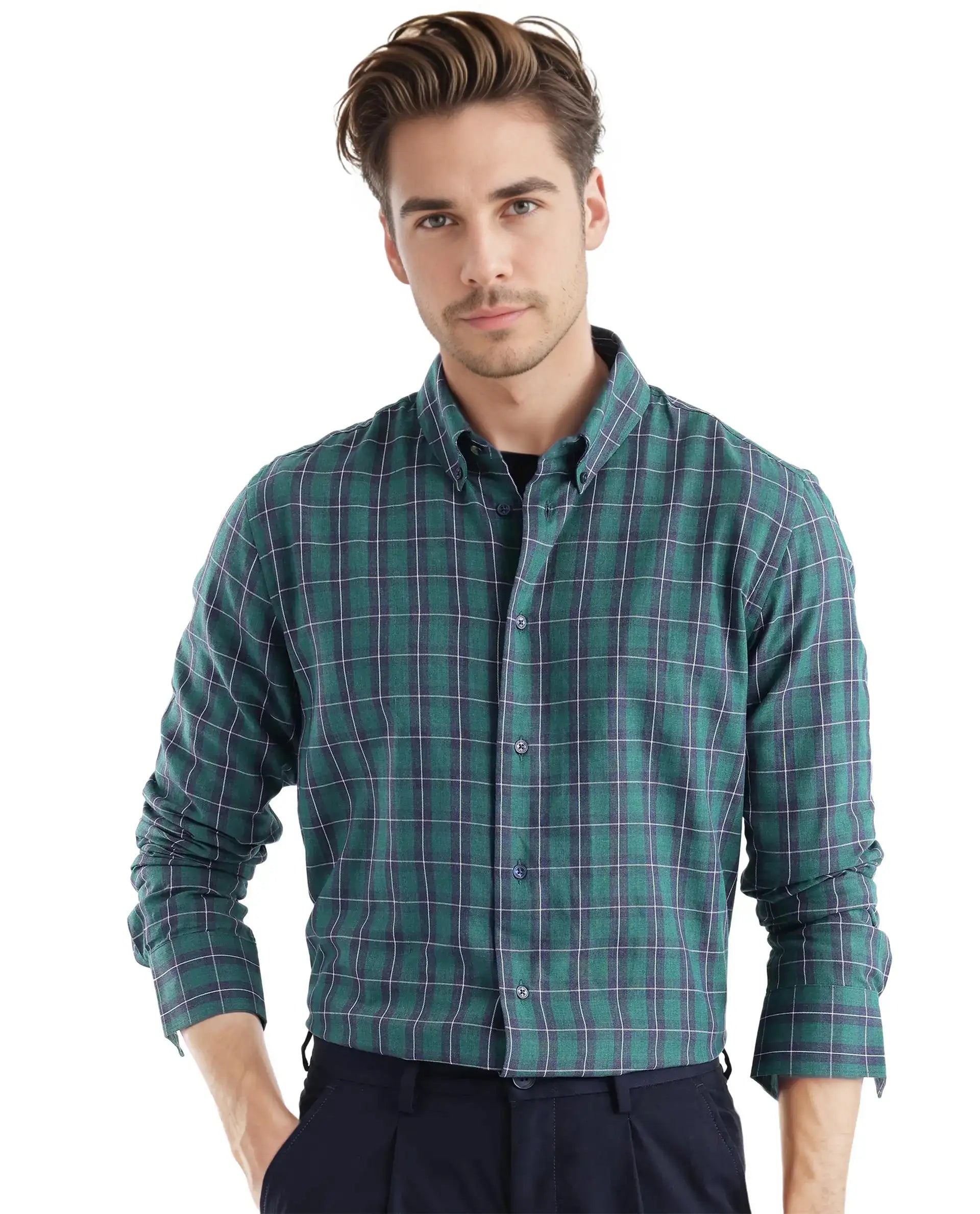 Rare Rabbit Men's Zary Dark Green Cotton Fabric Full Sleeve Regular Fit Checks Shirt