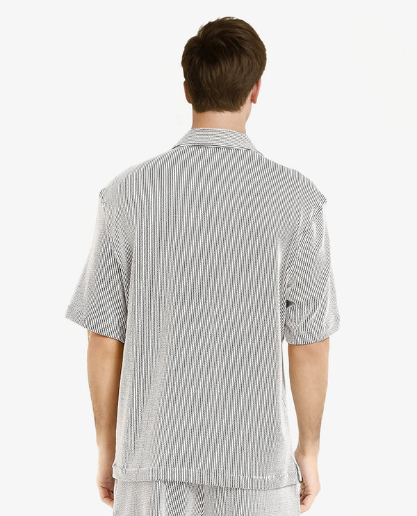 Rare Rabbit Men's Zavet-S Black Cotton Polyester Fabric Short Sleeves Cuban Collar Boxy Fit Self Stripe Textured Shirt