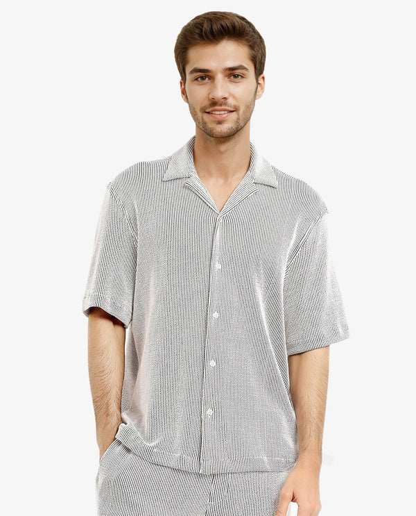 Rare Rabbit Men's Zavet-S Black Cotton Polyester Fabric Short Sleeves Cuban Collar Boxy Fit Self Stripe Textured Shirt