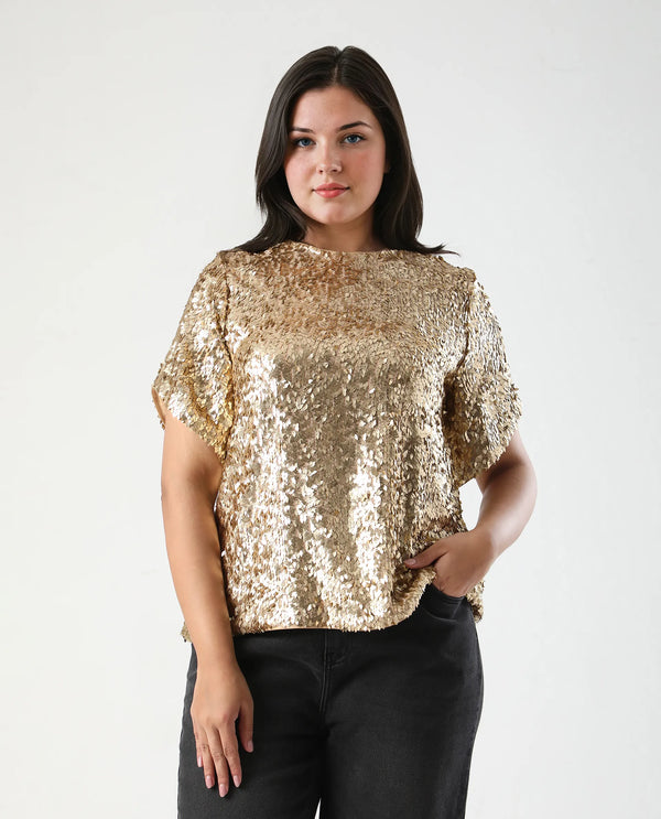 Rareism Women Zepla Mettalic Gold Polyester Fabric Short Sleeve Round Neck Button Closure Sequin Top