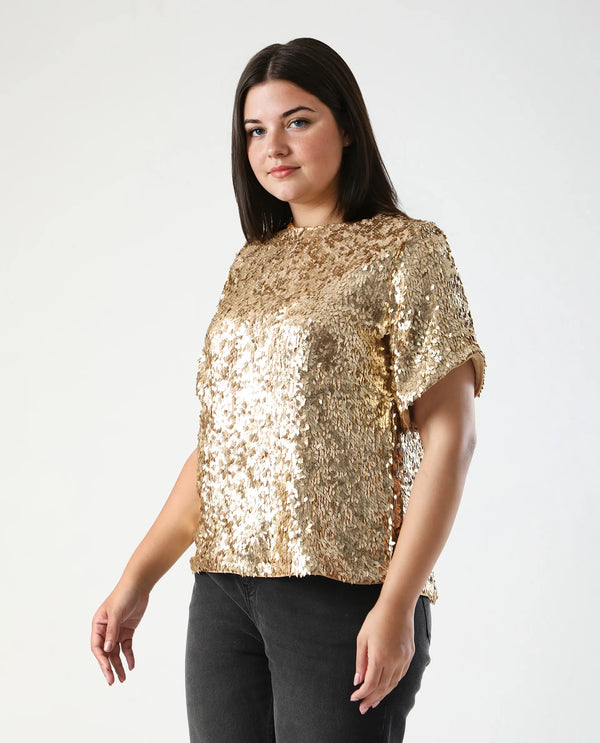 Rareism Women Zepla Mettalic Gold Polyester Fabric Short Sleeve Round Neck Button Closure Sequin Top
