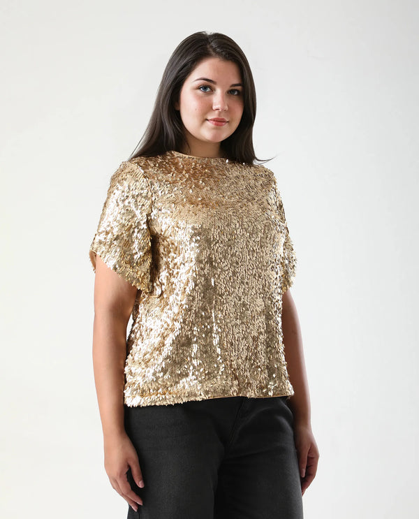 Rareism Women Zepla Mettalic Gold Polyester Fabric Short Sleeve Round Neck Button Closure Sequin Top