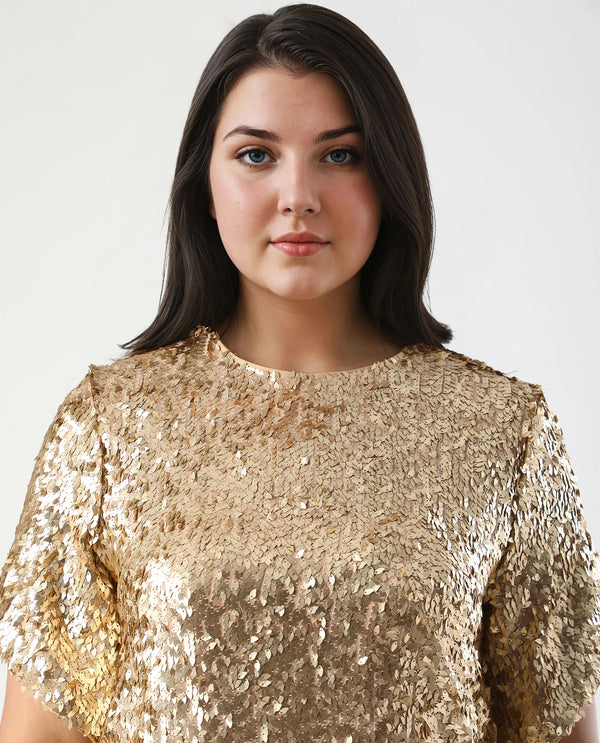 Rareism Women Zepla Mettalic Gold Polyester Fabric Short Sleeve Round Neck Button Closure Sequin Top