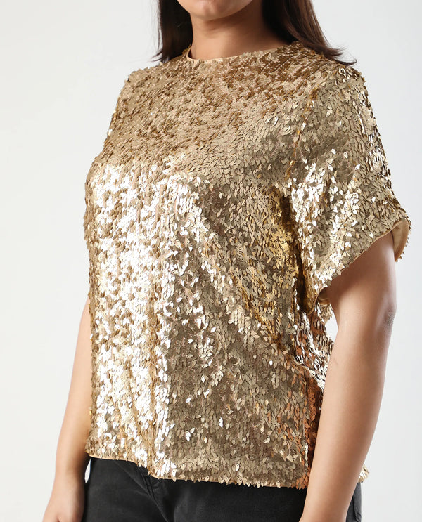 Rareism Women Zepla Mettalic Gold Polyester Fabric Short Sleeve Round Neck Button Closure Sequin Top