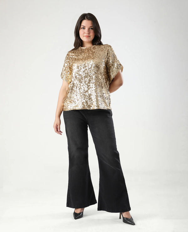 Rareism Women Zepla Mettalic Gold Polyester Fabric Short Sleeve Round Neck Button Closure Sequin Top