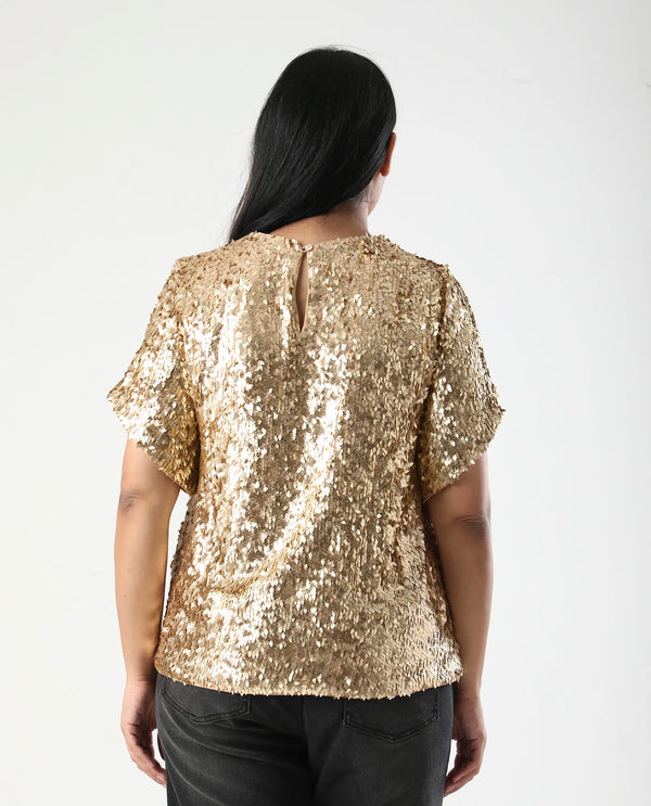 Rareism Women Zepla Mettalic Gold Polyester Fabric Short Sleeve Round Neck Button Closure Sequin Top